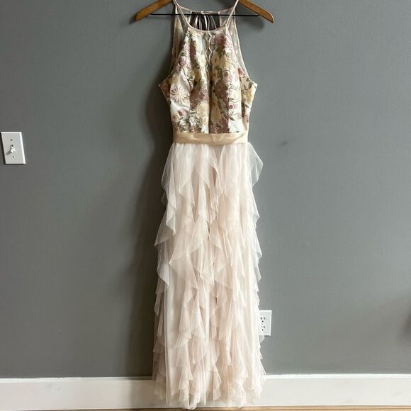 Nights by Teeze Me Champagne Floral Chiffon Tiered Ruffle Gown Size 7 Formal - Picture 2 of 12